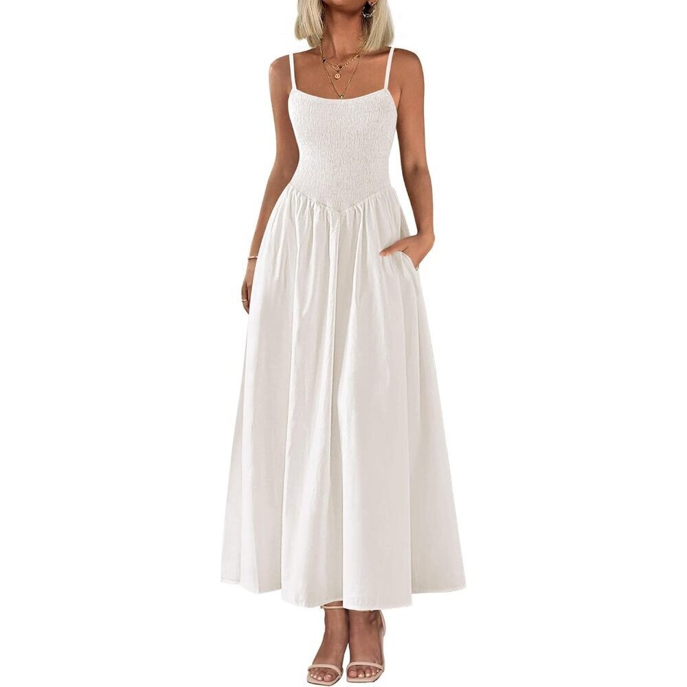 Women's Cotton Smocked Maxi Dress Summer Beach Sundress Flowy A Line